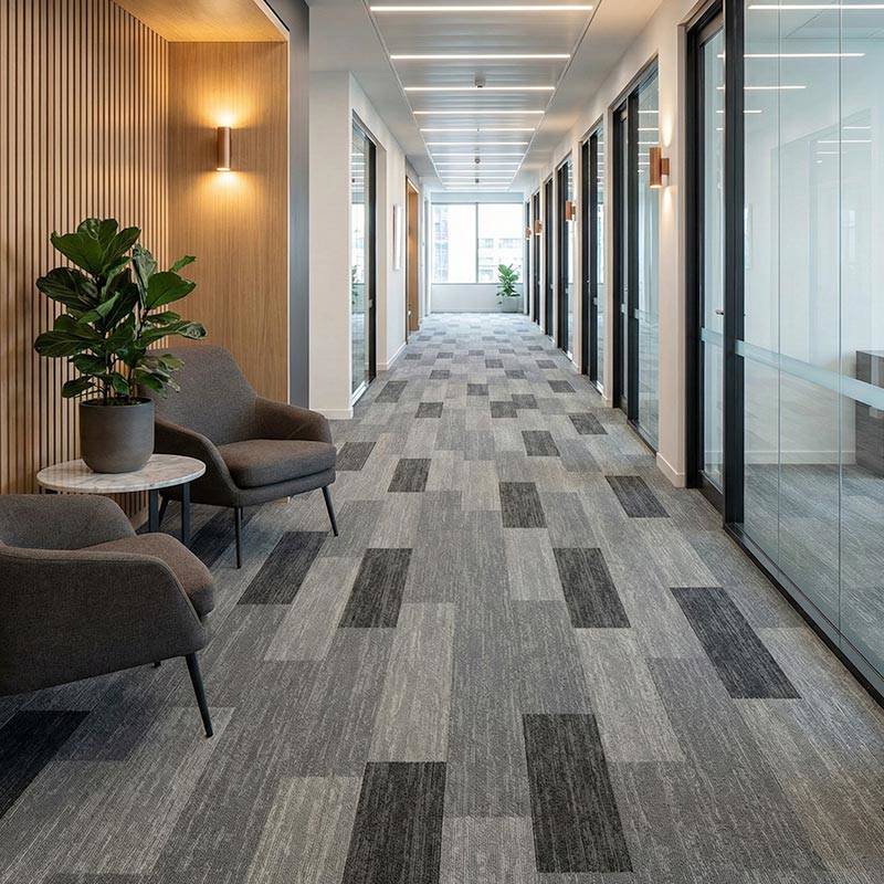 british carpet mill autumn grey and dark grey patterned carpet tiles in hallway