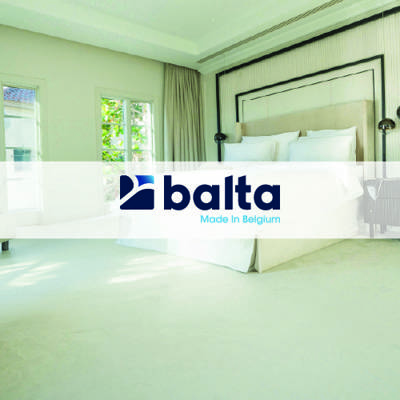 balta logo imposed over bedroom with white flooring and matching bed