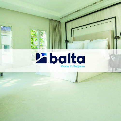 balta logo imposed over bedroom with white flooring and matching bed