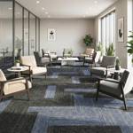 british carpet mills blue and grey zig zag patterend carpet tiles in office area