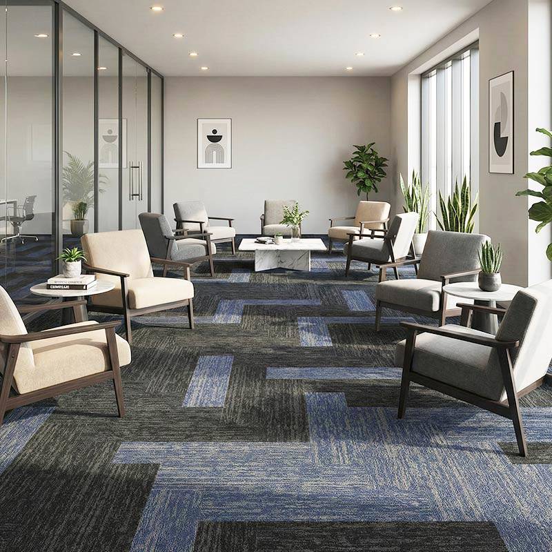 british carpet mills blue and grey zig zag patterend carpet tiles in office area