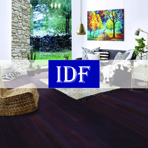 blue idf flooring logo imposed over living space with a deep purple wood patterned flooring
