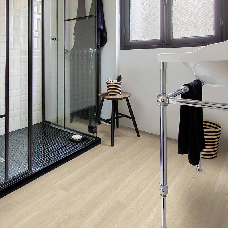 quick step oak beige waterproof laminate floor in modern bathroom