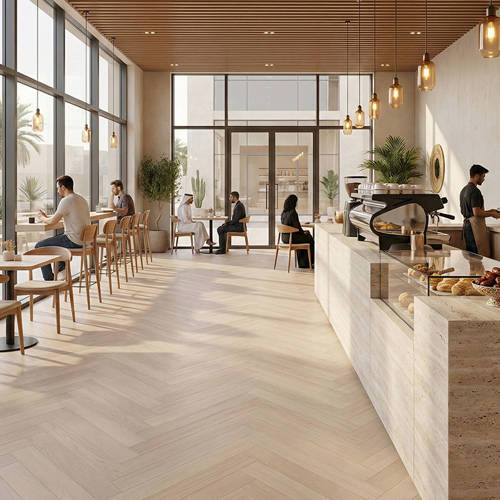 RP Boa Hybrid Herringbone Sandcastle 10 Engineered Wood Flooring Coffee Shop