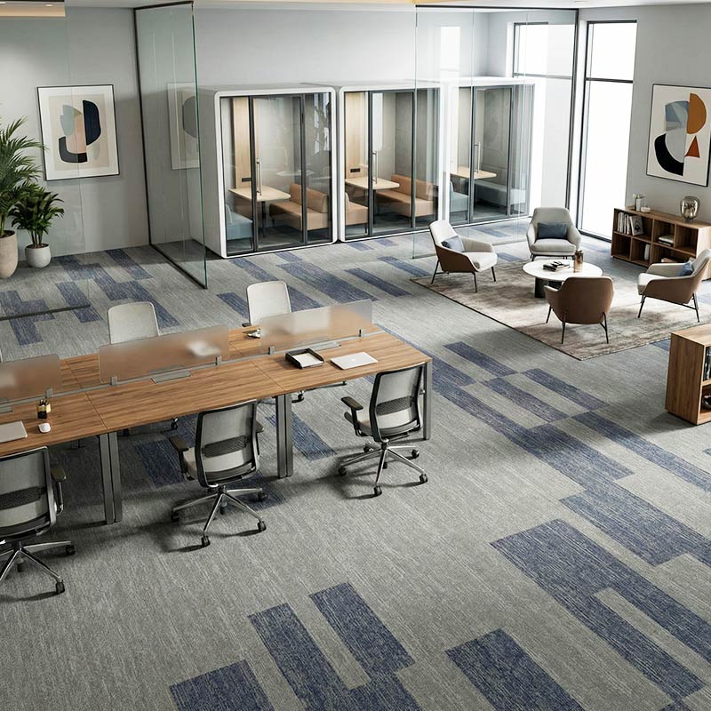 british carpet mills blue and grey irregular patterend carpet in office area