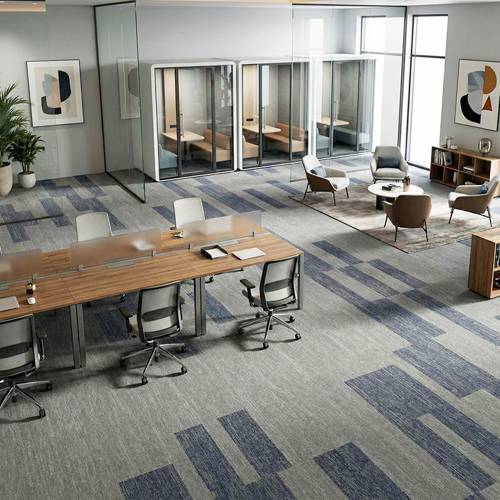 british carpet mills blue and grey irregular patterend carpet in office area