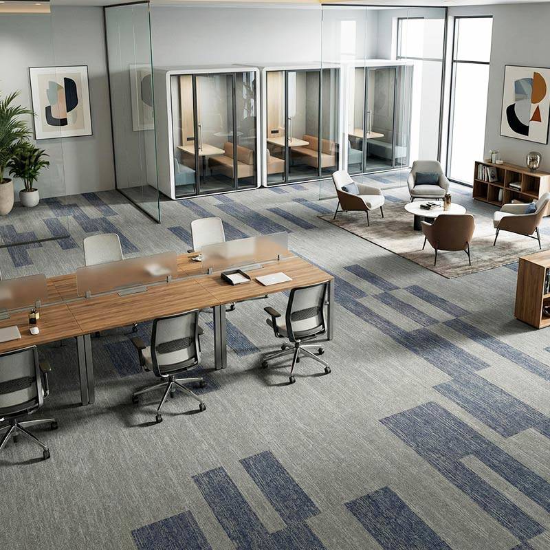british carpet mills blue and grey irregular patterend carpet in office area