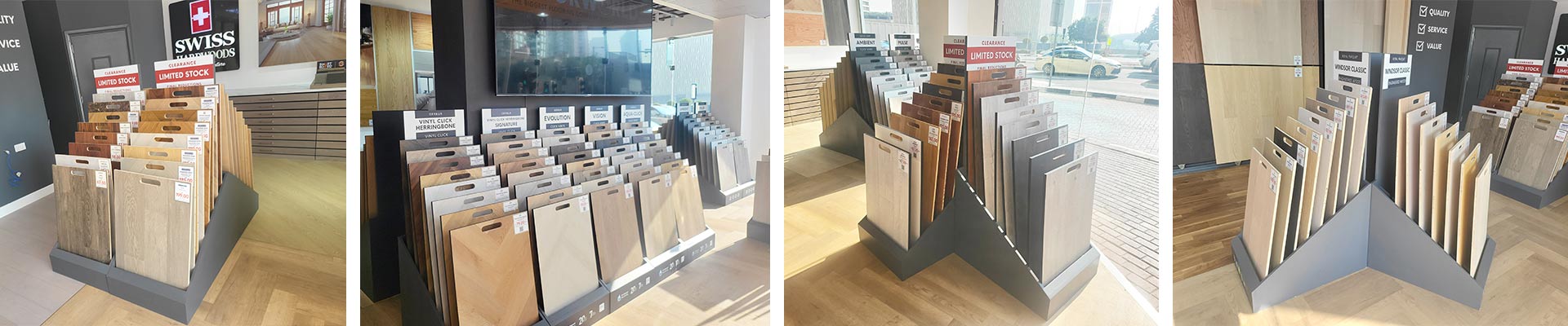 inside of the dubai marina floorworld llc showroom with sample products on display