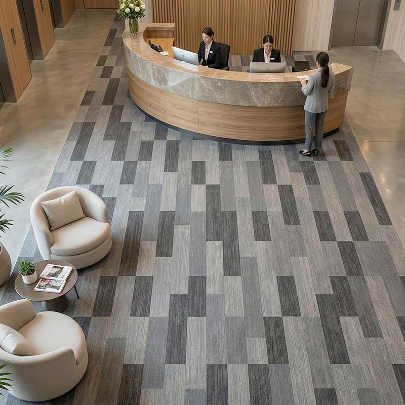 british carpet mills black and grey patterend carpet tiles in open plan reception