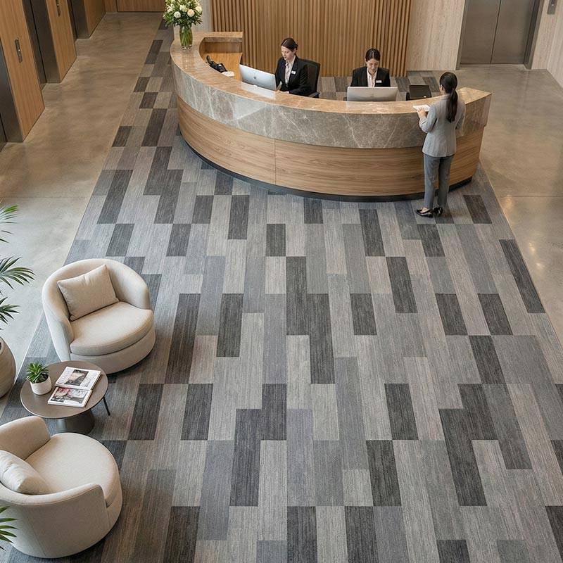 british carpet mills black and grey patterend carpet tiles in open plan reception