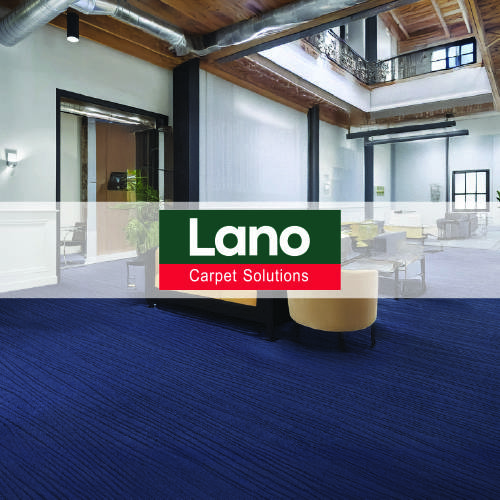 lano carpet solutions logo imposed over an office space with a deep navy blue carpet