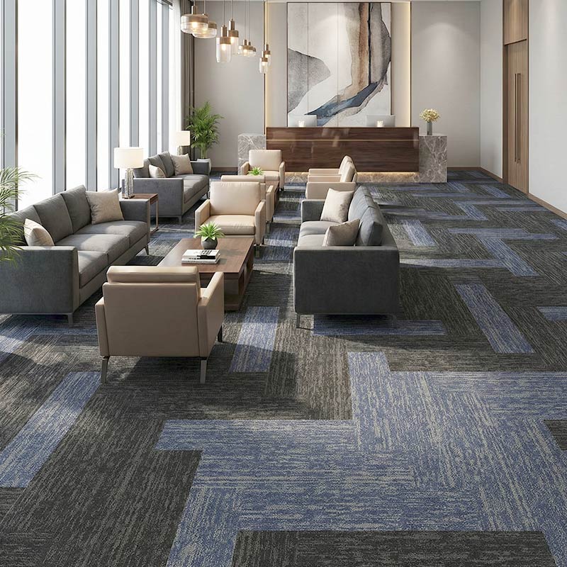 british carpet mills blue and grey zig zag patterend carpet tiles in office