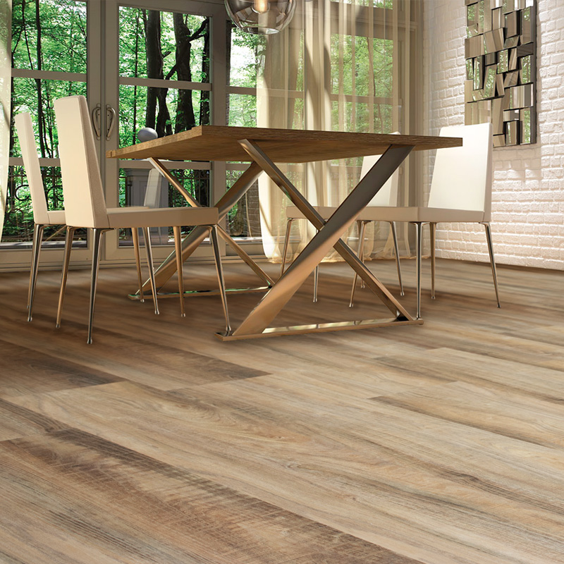 spc engage gerbur smoked oak coffee stone plastic composite floor in dining space