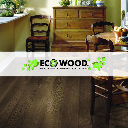 ecowood logo imposed over traditional kitchen space with dark wood plank flooring and reclaimed oak furniture