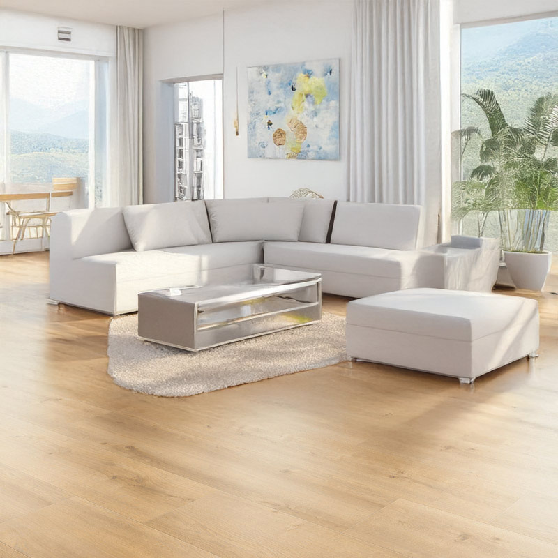 gerbur ultra natural blond oak laminate flooring in lounge space