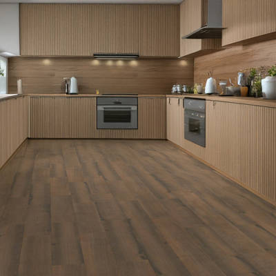 gerbur ultra medieval brown oak laminate flooring in spacious kitchen