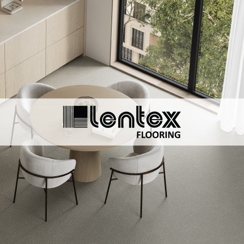 lentex flooring logo imposed over kitchen space with smooth grey flooring
