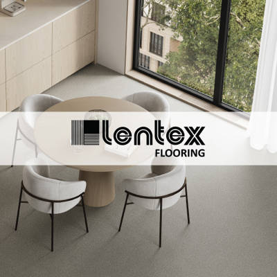 lentex flooring logo imposed over kitchen space with smooth grey flooring