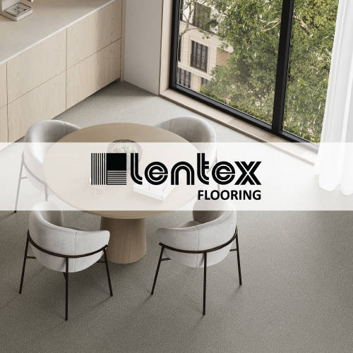 lentex flooring logo imposed over kitchen space with smooth grey flooring
