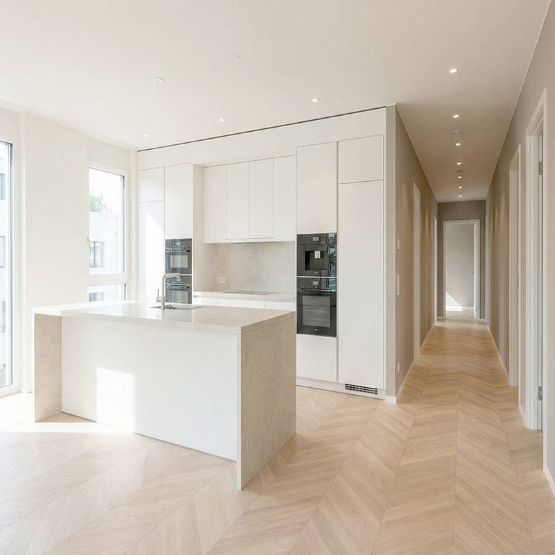 SH Cotton White Engineered Chevron Wood Flooring Kitchen