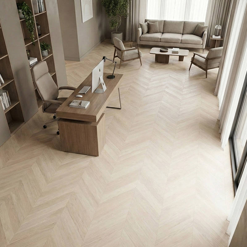 SH Cotton White Engineered Chevron Wood Flooring Reception Office