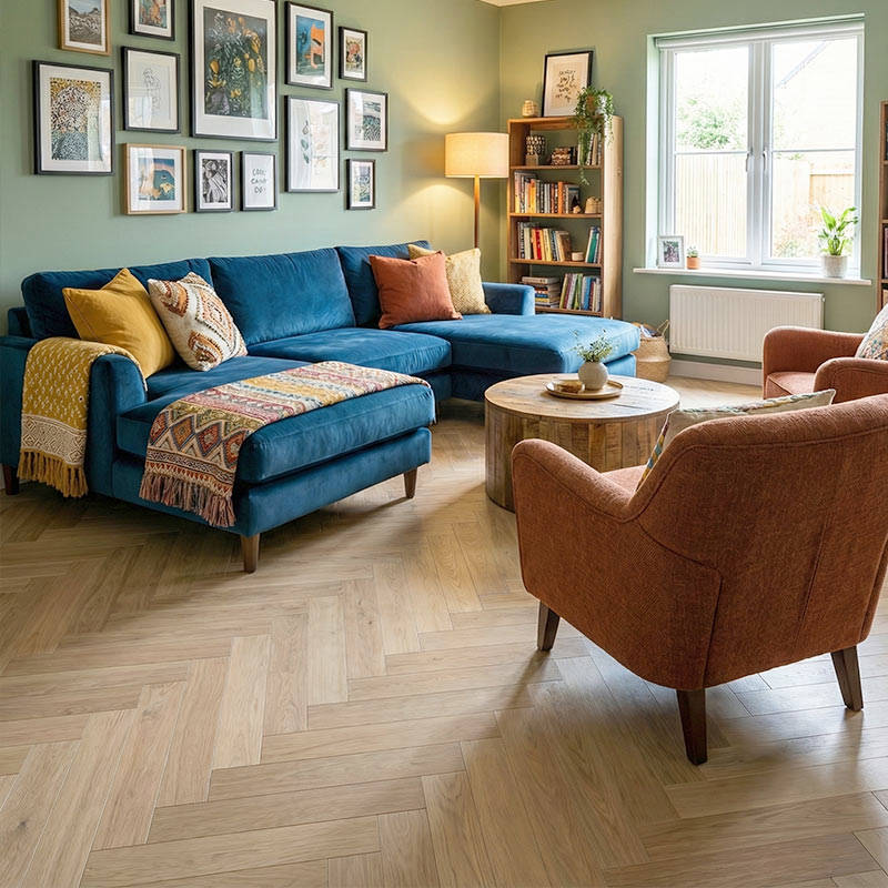 SH Oak 3 Engineered Eternal Herringbone Wood Flooring Family Livingroom Sofa