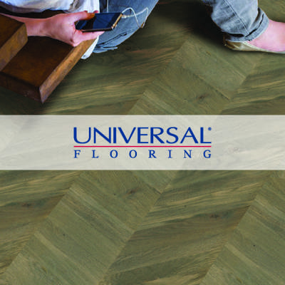 universal flooring logo imposed person sitting on light brown engineered flooring