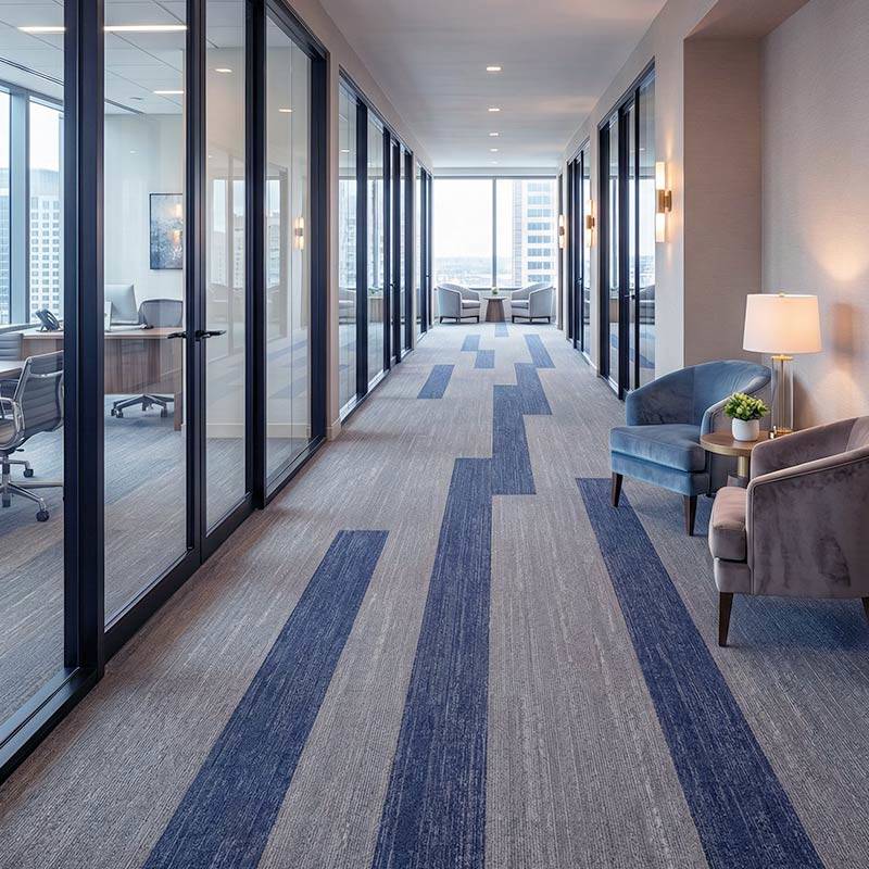 british carpet mills blue and grey patterend carpet tiles in office hallway