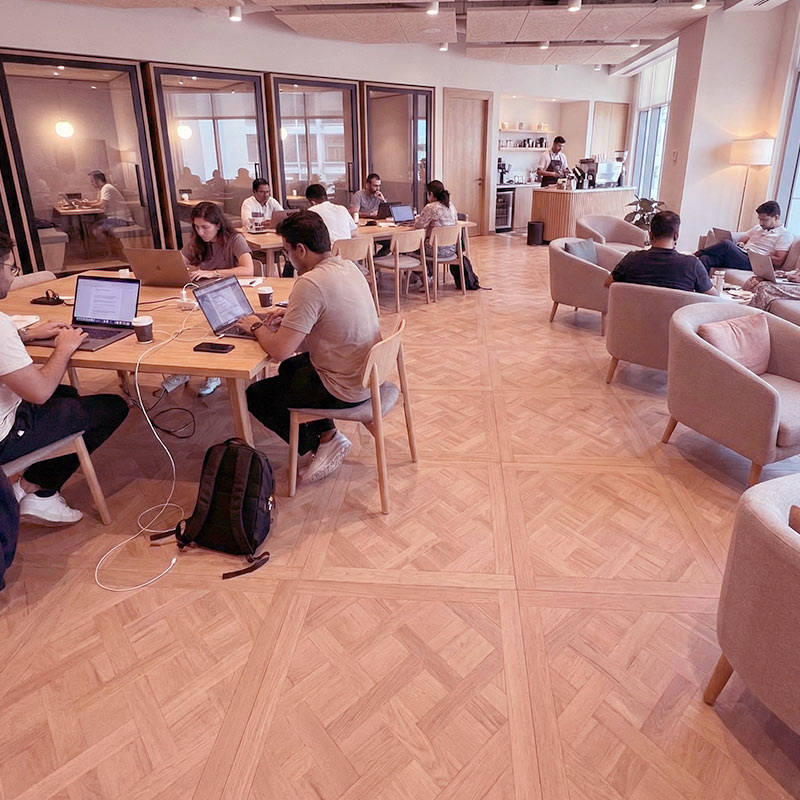 RP Chelsea Square Versailles Cinnamon 21 Parquetry Wood Flooring Cafe Sittingarea