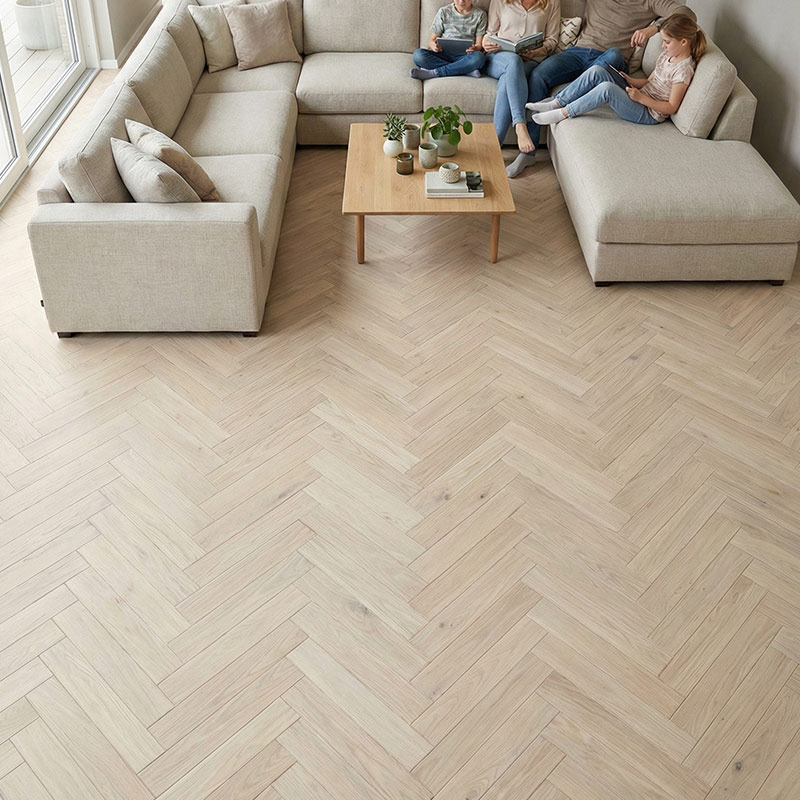 SH Cotton White Engineered Eternal Herringbone Wood Flooring Familyroom Happyfamily