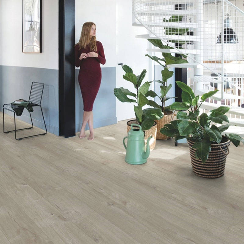 QS Pulse Cotton Oak Warm Grey Vinyl Click Flooring Woman Plants Flowers