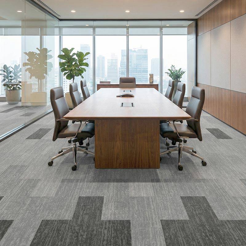 british carpet mill autumn grey and dark grey patterned carpet in a boardroom