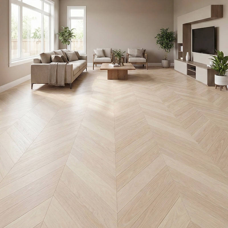 SH Cotton White Engineered Chevron Wood Flooring Waiting Area