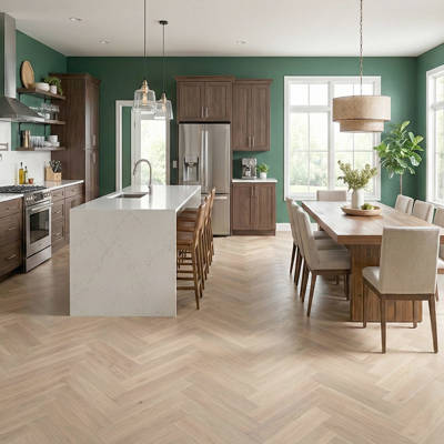 royal parquet classic linen wood parquet herringbone flooring in open plan kitchen