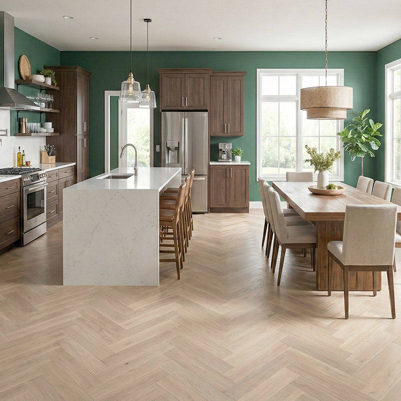royal parquet classic linen wood parquet herringbone flooring in open plan kitchen