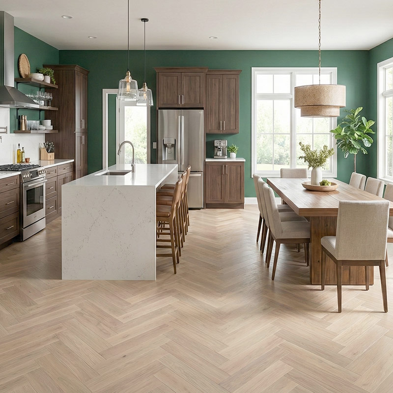 royal parquet classic linen wood parquet herringbone flooring in open plan kitchen