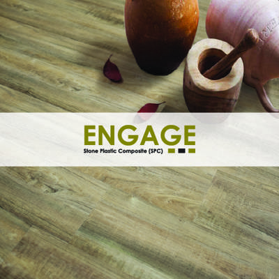engage stone plastic composite logo imposed over a light brown coloured spc floor