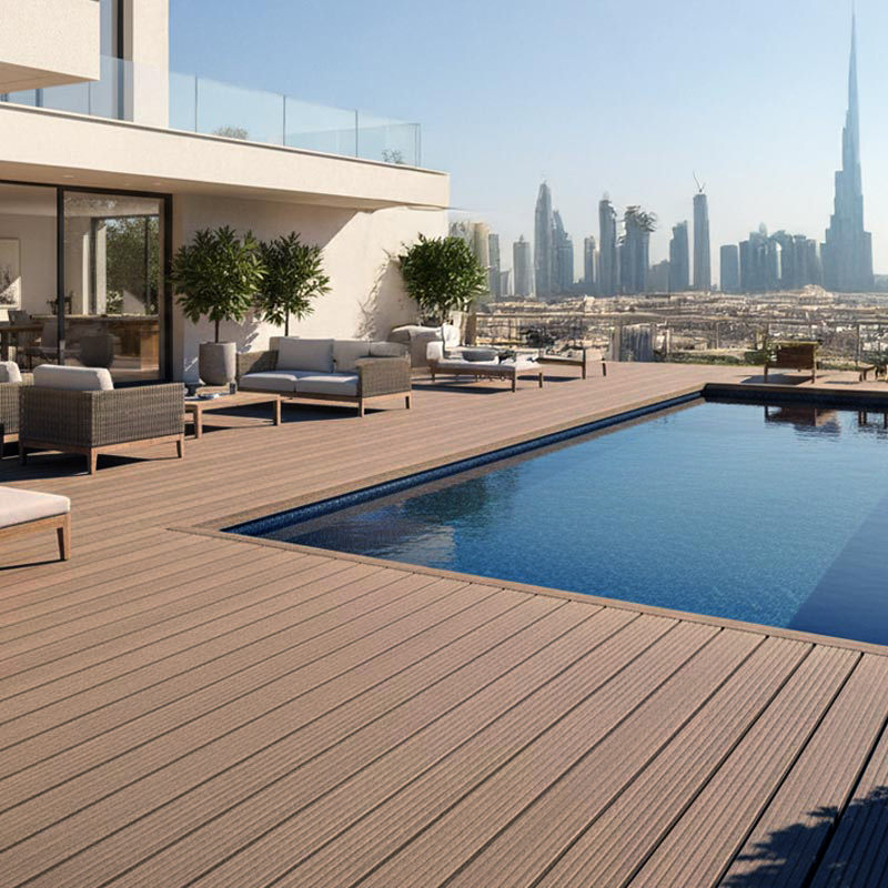 sahara brown smart decking with pool in back yard with dubai skyline on horizon
