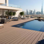 sahara brown smart decking with pool in back yard with dubai skyline on horizon