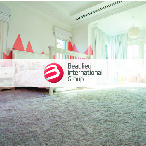 beaulieu international group logo imposed over carpeted bedroom with white bed and red accents