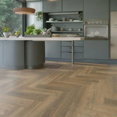 Classic Brown Oak Vinyl Click Herringbone Kitchen