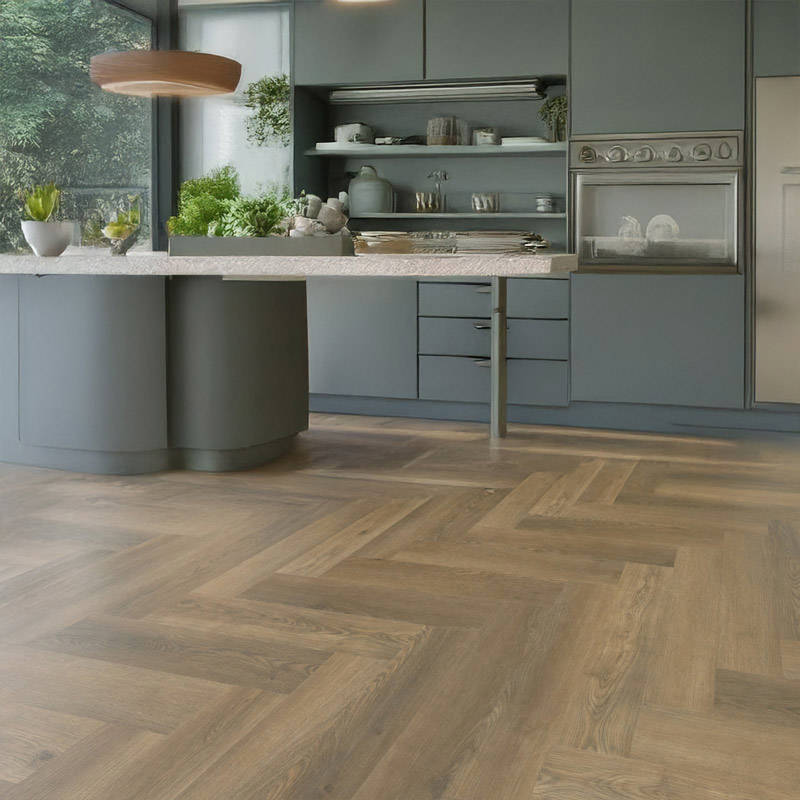 Classic Brown Oak Vinyl Click Herringbone Kitchen