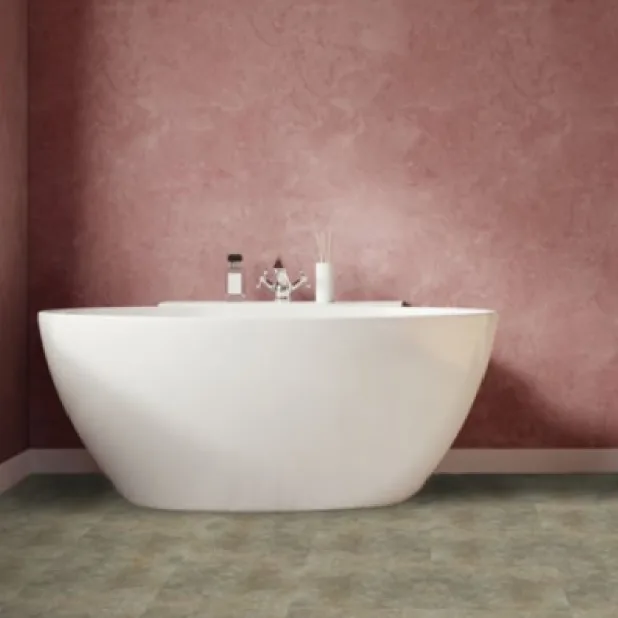 light grey lvt in a bathroom with a white bathtub and red coloured walls