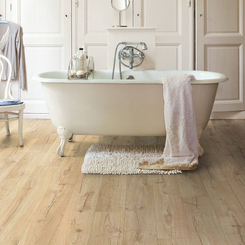 classic oak beige laminate flooring fitted in modern bathroom