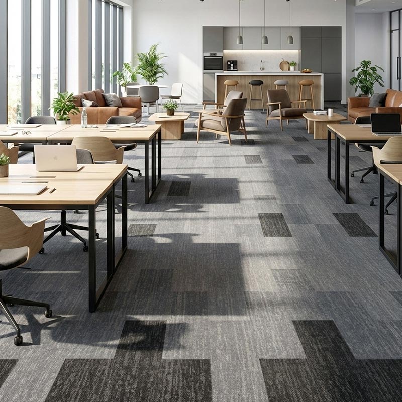 british carpet mill autumn grey and dark grey patterned carpet tiles in office