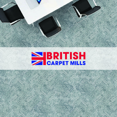 british carpet mills logo imposed over a grey coloured carpet in an office space