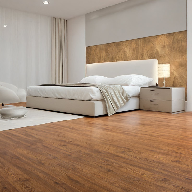 cappuccino verdi oak gerbur laminate flooring in bedroom
