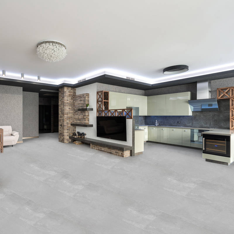 berry alloc pure tiles urban stone light grey vinyl click tiles in open plan kitchen
