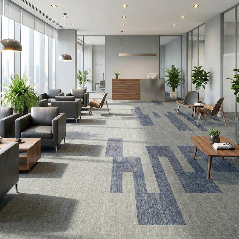 british carpet mills blue and grey zig zag patterend carpet in office area
