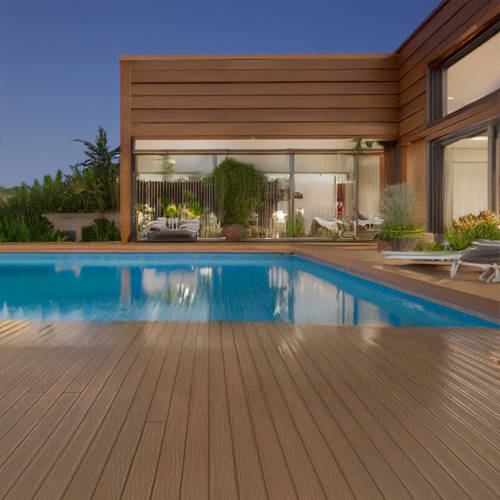 decking in back garden with pool and deck chair during dusk